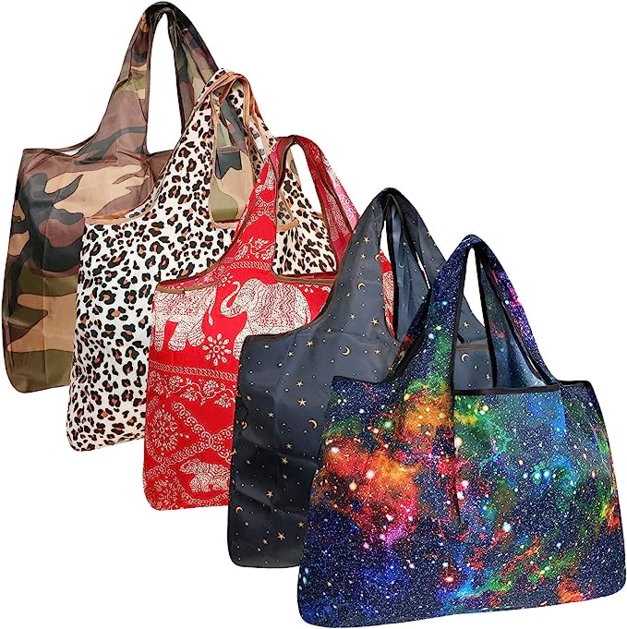 Wrapables Large Foldable Tote Nylon Reusable Grocery Bags, 5 Pack